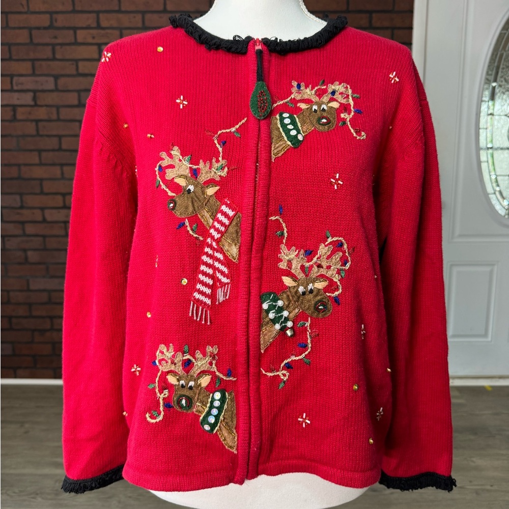 Heirloom Collectibles Reindeer Christmas Zip‎ Sweater Women’s L Red Embroidered